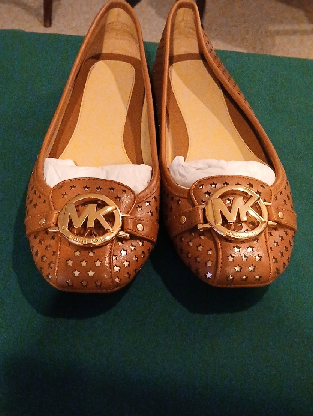 Michael Kors Tan Leather MK Logo Star-Perforated Ballet Flats